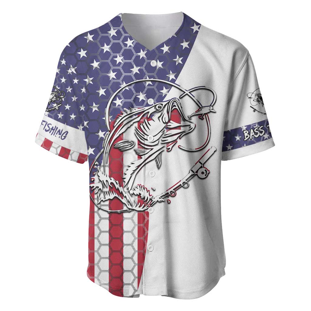American Flag Bass Fishing Baseball Jersey Fishing Rod and Patriotic Red White and Blue Theme - Wonder Print Shop