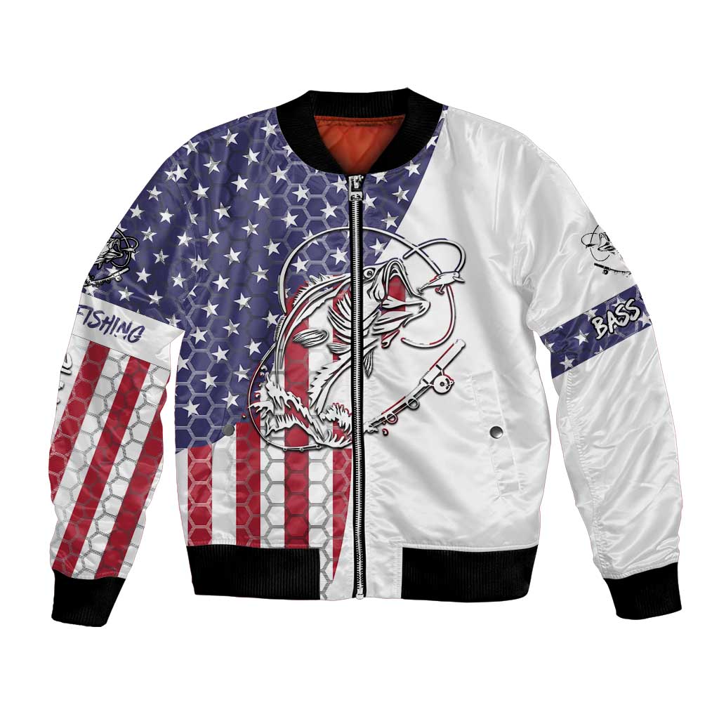 American Flag Bass Fishing Bomber Jacket Fishing Rod and Patriotic Red White and Blue Theme - Wonder Print Shop