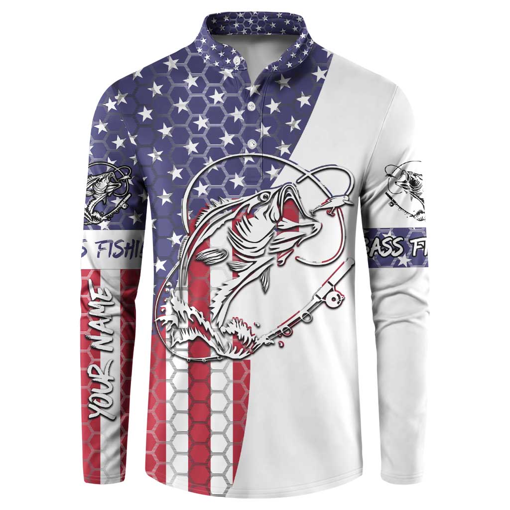 American Flag Bass Fishing Button Sweatshirt Fishing Rod and Patriotic Red White and Blue Theme - Wonder Print Shop