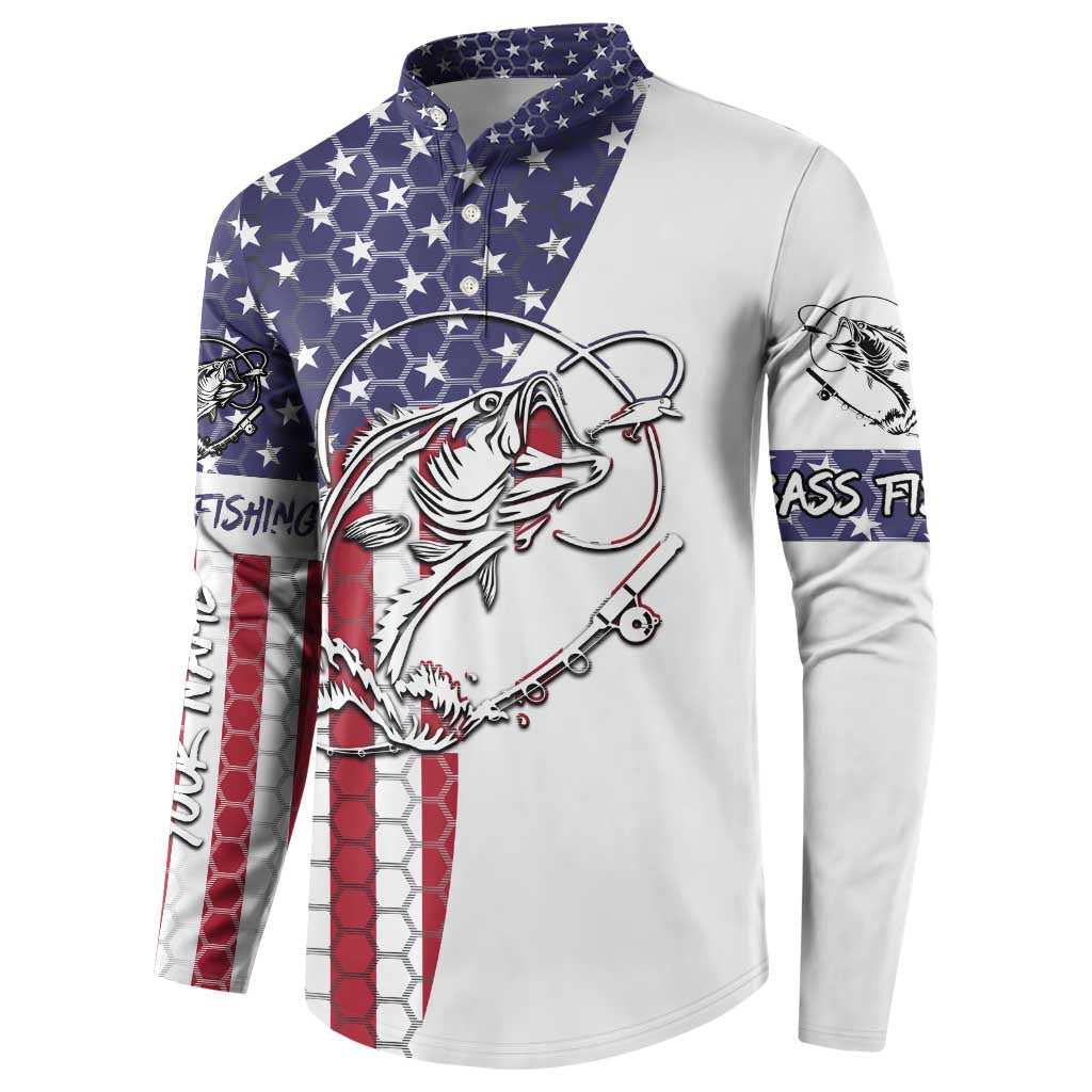 American Flag Bass Fishing Button Sweatshirt Fishing Rod and Patriotic Red White and Blue Theme - Wonder Print Shop