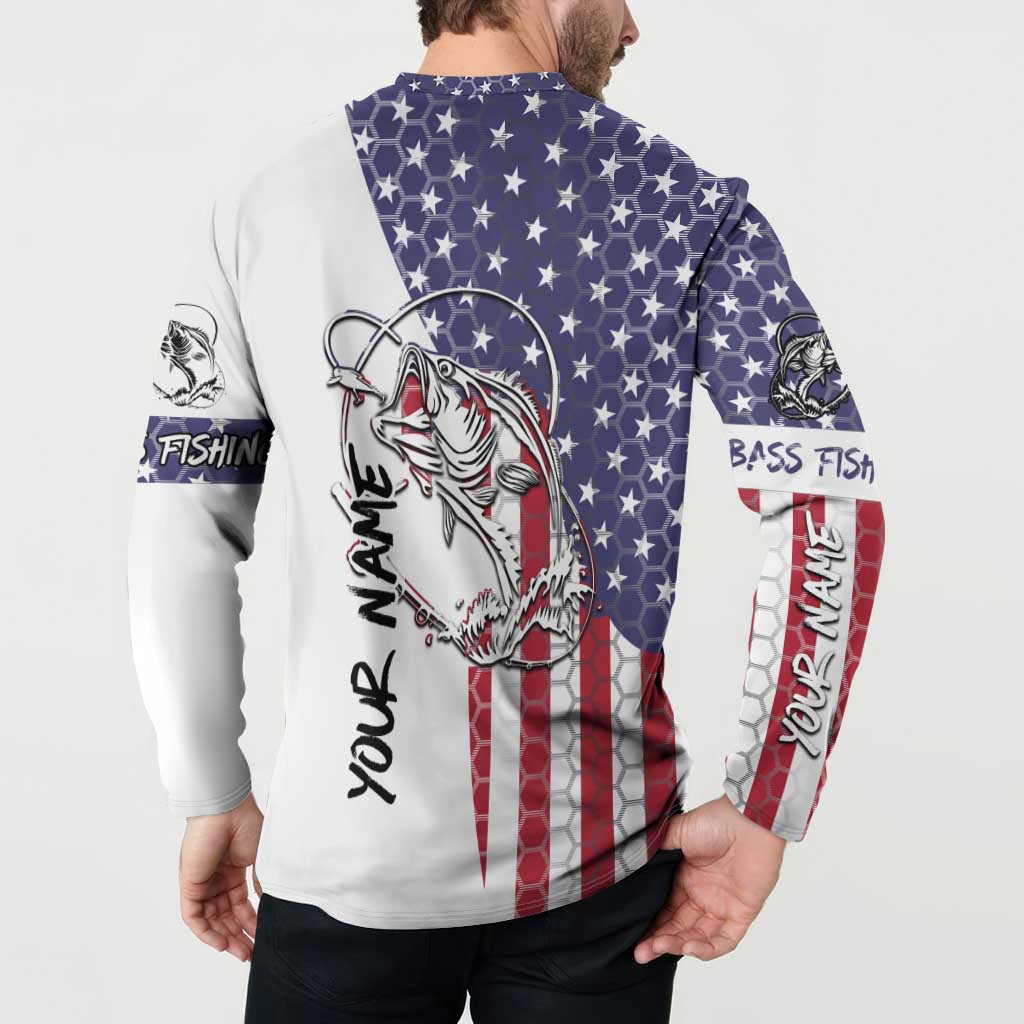 American Flag Bass Fishing Button Sweatshirt Fishing Rod and Patriotic Red White and Blue Theme - Wonder Print Shop
