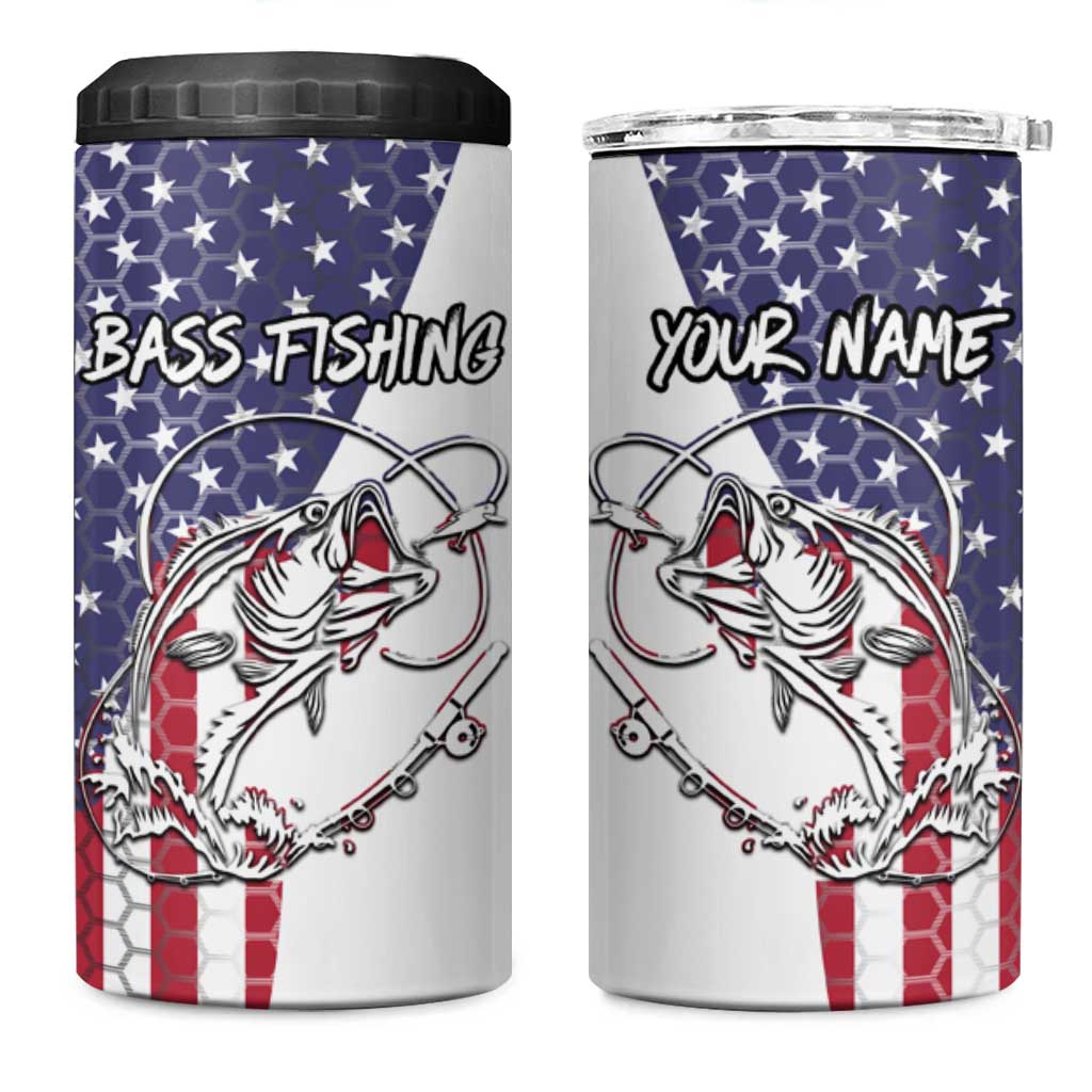 American Flag Bass Fishing 4 in 1 Can Cooler Tumbler Fishing Rod and Patriotic Red White and Blue Theme - Wonder Print Shop
