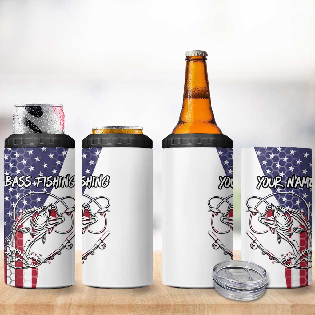 American Flag Bass Fishing 4 in 1 Can Cooler Tumbler Fishing Rod and Patriotic Red White and Blue Theme - Wonder Print Shop