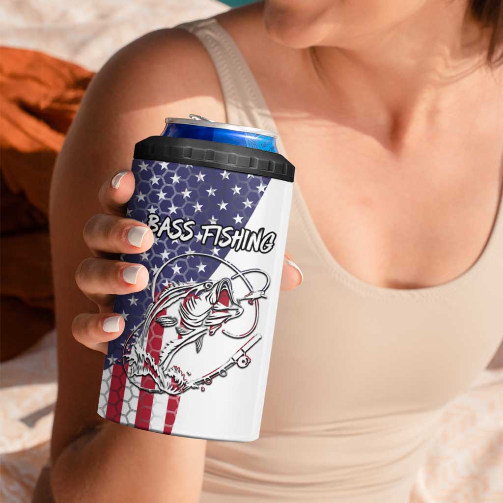 American Flag Bass Fishing 4 in 1 Can Cooler Tumbler Fishing Rod and Patriotic Red White and Blue Theme - Wonder Print Shop