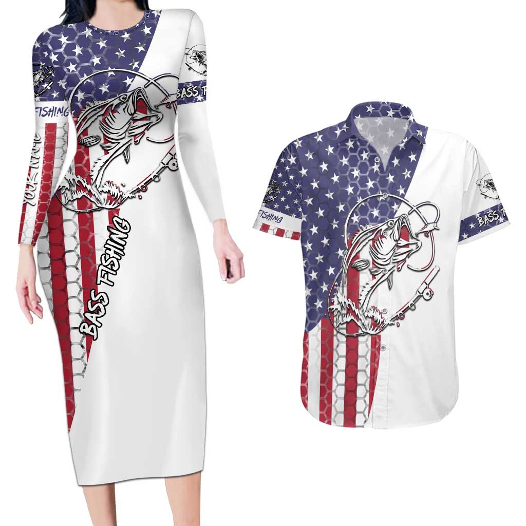 American Flag Bass Fishing Couples Matching Long Sleeve Bodycon Dress and Hawaiian Shirt Fishing Rod and Patriotic Red White and Blue Theme - Wonder Print Shop