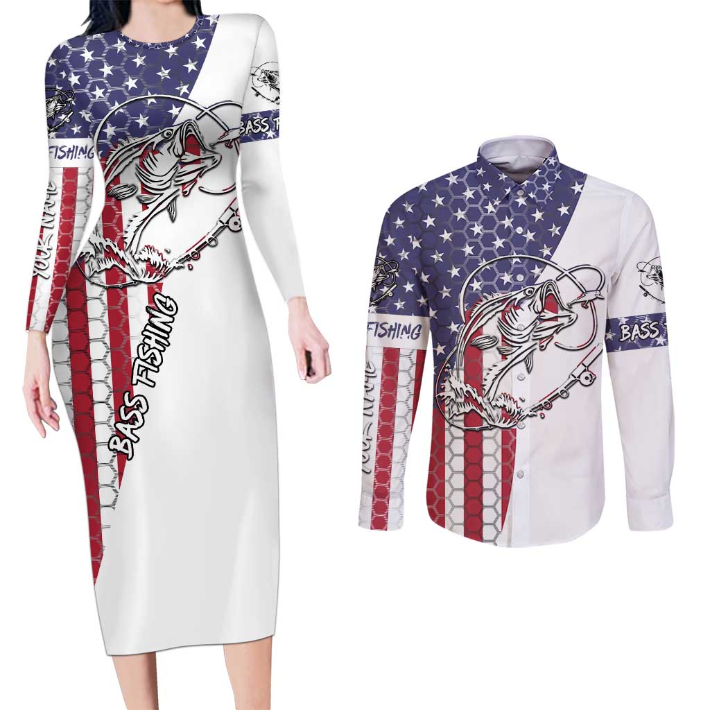 American Flag Bass Fishing Couples Matching Long Sleeve Bodycon Dress and Long Sleeve Button Shirt Fishing Rod and Patriotic Red White and Blue Theme - Wonder Print Shop