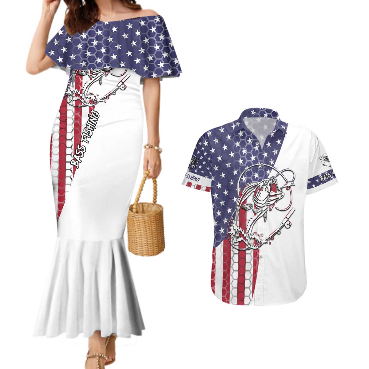 American Flag Bass Fishing Couples Matching Mermaid Dress and Hawaiian Shirt Fishing Rod and Patriotic Red White and Blue Theme - Wonder Print Shop