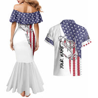 American Flag Bass Fishing Couples Matching Mermaid Dress and Hawaiian Shirt Fishing Rod and Patriotic Red White and Blue Theme - Wonder Print Shop