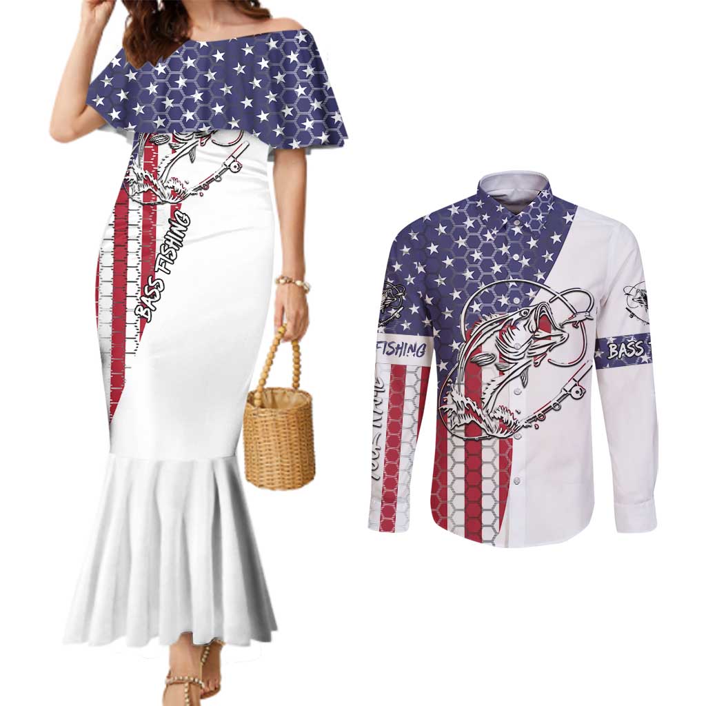American Flag Bass Fishing Couples Matching Mermaid Dress and Long Sleeve Button Shirt Fishing Rod and Patriotic Red White and Blue Theme - Wonder Print Shop
