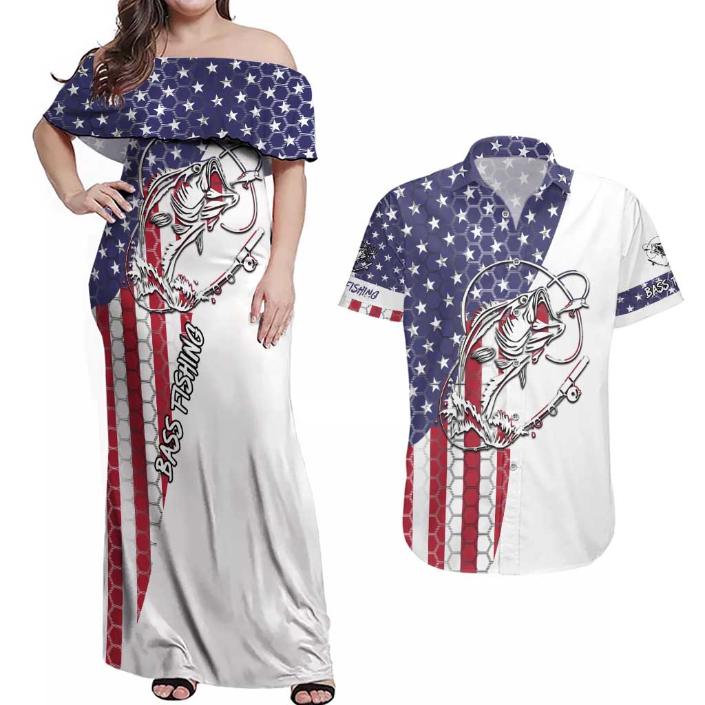 American Flag Bass Fishing Couples Matching Off Shoulder Maxi Dress and Hawaiian Shirt Fishing Rod and Patriotic Red White and Blue Theme - Wonder Print Shop