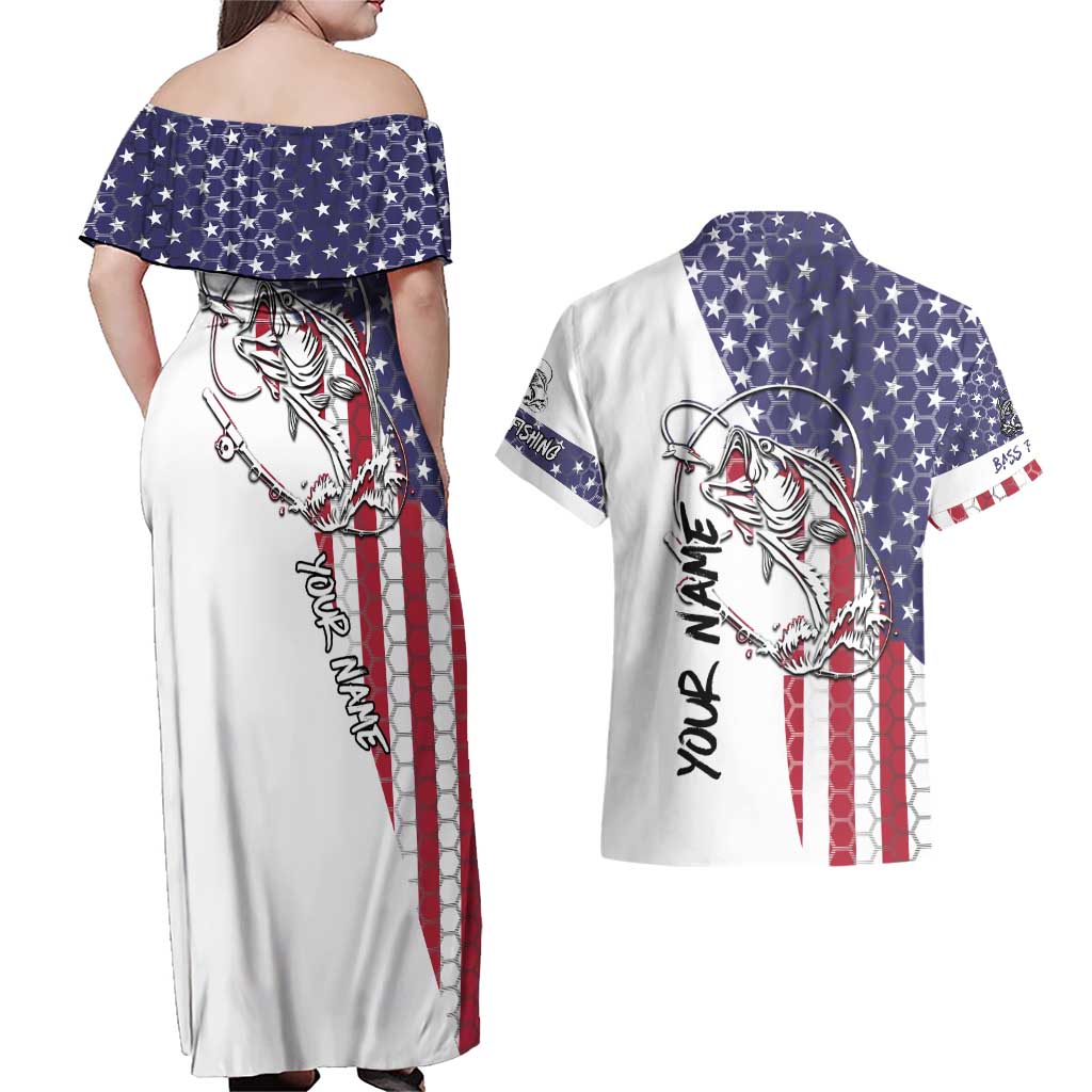 American Flag Bass Fishing Couples Matching Off Shoulder Maxi Dress and Hawaiian Shirt Fishing Rod and Patriotic Red White and Blue Theme - Wonder Print Shop