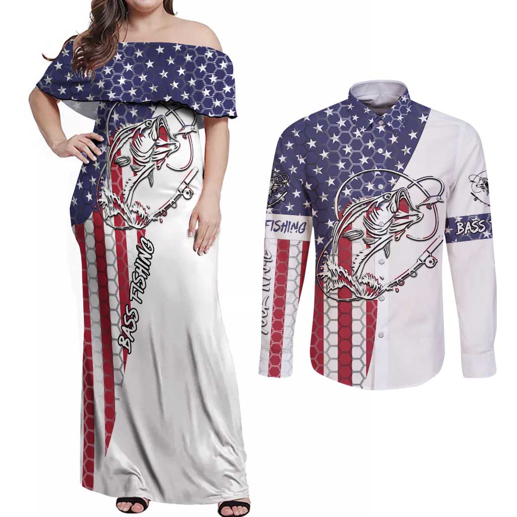 American Flag Bass Fishing Couples Matching Off Shoulder Maxi Dress and Long Sleeve Button Shirt Fishing Rod and Patriotic Red White and Blue Theme - Wonder Print Shop