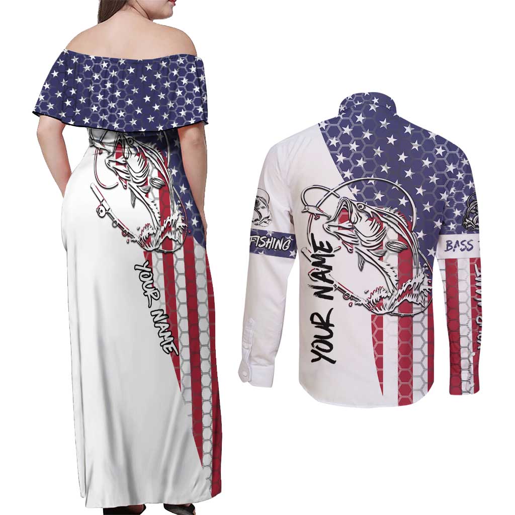 American Flag Bass Fishing Couples Matching Off Shoulder Maxi Dress and Long Sleeve Button Shirt Fishing Rod and Patriotic Red White and Blue Theme - Wonder Print Shop