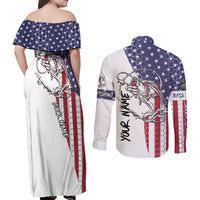 American Flag Bass Fishing Couples Matching Off Shoulder Maxi Dress and Long Sleeve Button Shirt Fishing Rod and Patriotic Red White and Blue Theme - Wonder Print Shop