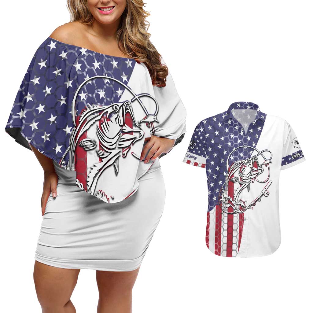 American Flag Bass Fishing Couples Matching Off Shoulder Short Dress and Hawaiian Shirt Fishing Rod and Patriotic Red White and Blue Theme - Wonder Print Shop