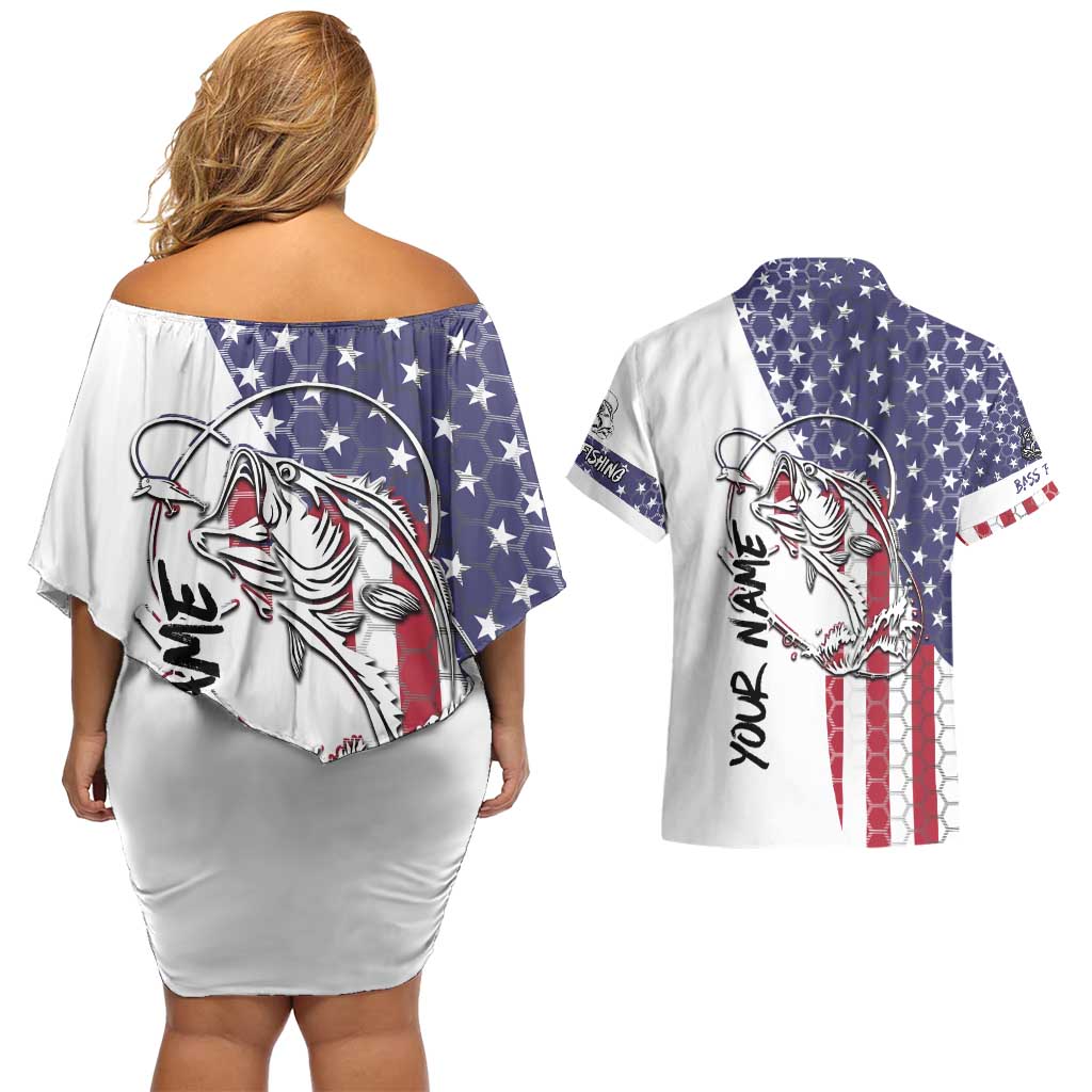 American Flag Bass Fishing Couples Matching Off Shoulder Short Dress and Hawaiian Shirt Fishing Rod and Patriotic Red White and Blue Theme - Wonder Print Shop