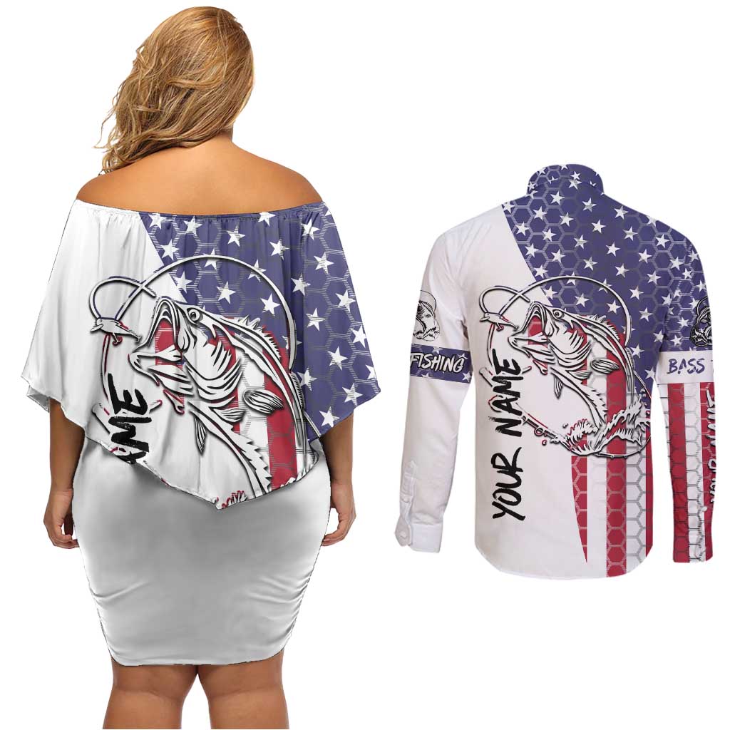American Flag Bass Fishing Couples Matching Off Shoulder Short Dress and Long Sleeve Button Shirt Fishing Rod and Patriotic Red White and Blue Theme - Wonder Print Shop