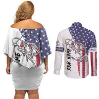 American Flag Bass Fishing Couples Matching Off Shoulder Short Dress and Long Sleeve Button Shirt Fishing Rod and Patriotic Red White and Blue Theme - Wonder Print Shop