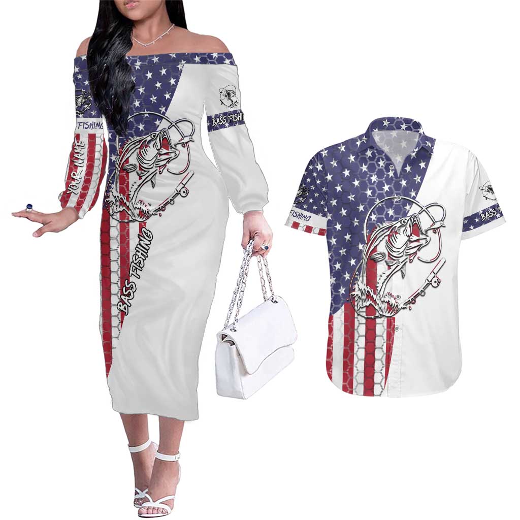 American Flag Bass Fishing Couples Matching Off The Shoulder Long Sleeve Dress and Hawaiian Shirt Fishing Rod and Patriotic Red White and Blue Theme - Wonder Print Shop
