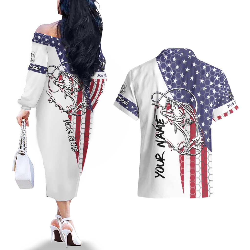 American Flag Bass Fishing Couples Matching Off The Shoulder Long Sleeve Dress and Hawaiian Shirt Fishing Rod and Patriotic Red White and Blue Theme - Wonder Print Shop