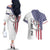 American Flag Bass Fishing Couples Matching Off The Shoulder Long Sleeve Dress and Hawaiian Shirt Fishing Rod and Patriotic Red White and Blue Theme - Wonder Print Shop
