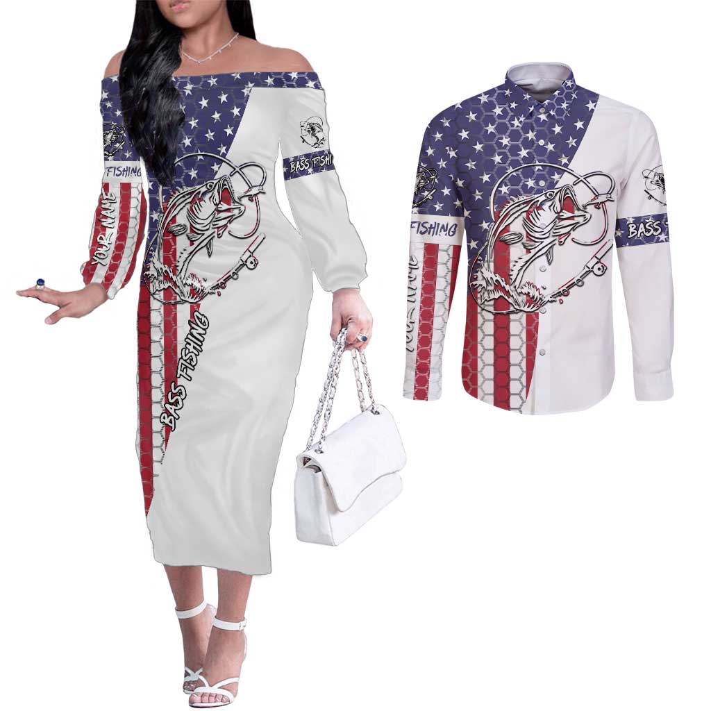 American Flag Bass Fishing Couples Matching Off The Shoulder Long Sleeve Dress and Long Sleeve Button Shirt Fishing Rod and Patriotic Red White and Blue Theme - Wonder Print Shop