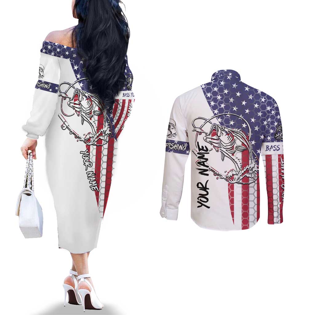 American Flag Bass Fishing Couples Matching Off The Shoulder Long Sleeve Dress and Long Sleeve Button Shirt Fishing Rod and Patriotic Red White and Blue Theme - Wonder Print Shop