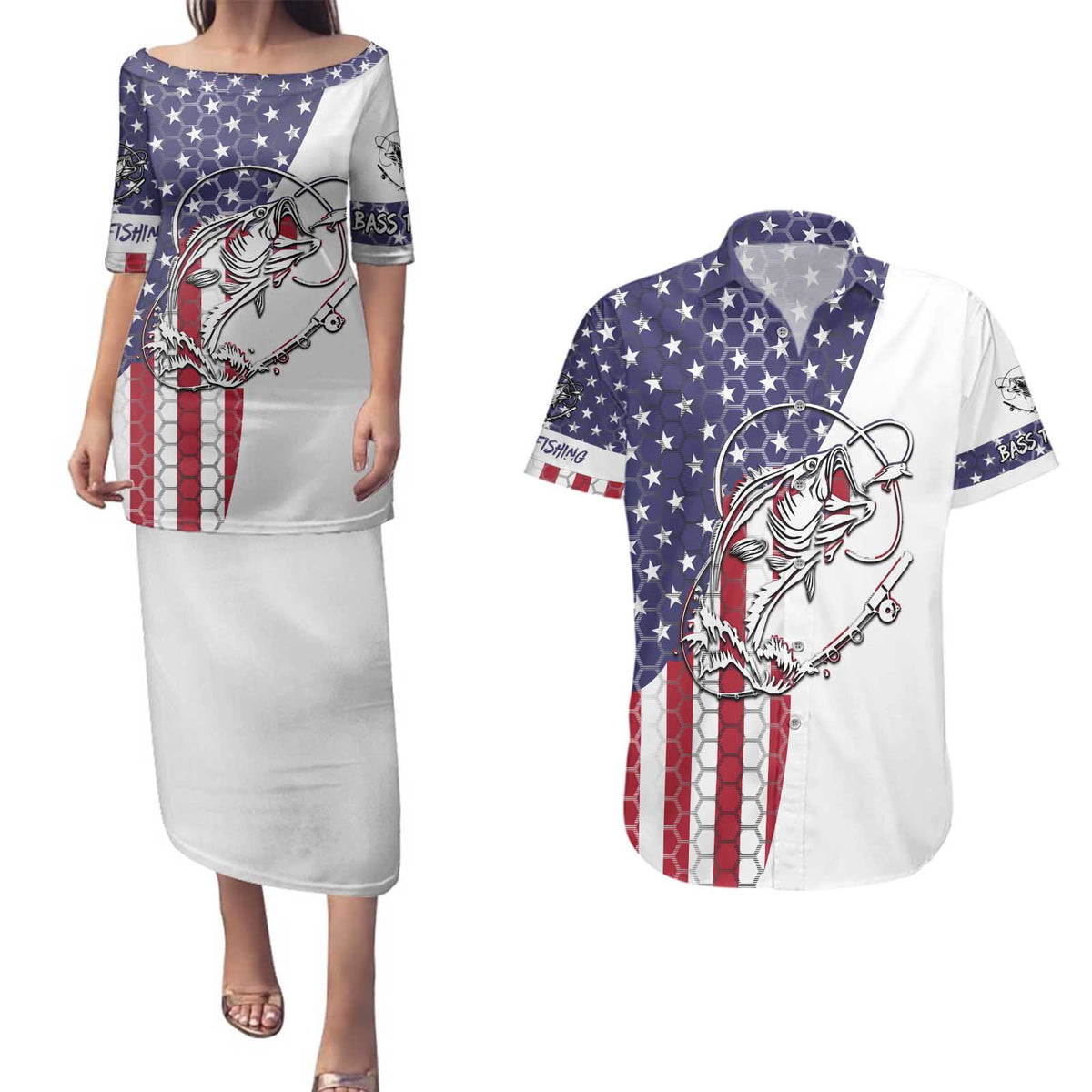 American Flag Bass Fishing Couples Matching Puletasi and Hawaiian Shirt Fishing Rod and Patriotic Red White and Blue Theme - Wonder Print Shop