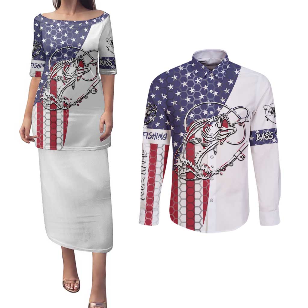 American Flag Bass Fishing Couples Matching Puletasi and Long Sleeve Button Shirt Fishing Rod and Patriotic Red White and Blue Theme - Wonder Print Shop