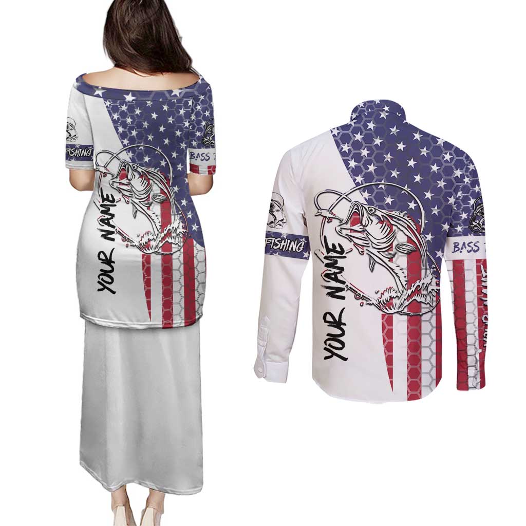 American Flag Bass Fishing Couples Matching Puletasi and Long Sleeve Button Shirt Fishing Rod and Patriotic Red White and Blue Theme - Wonder Print Shop