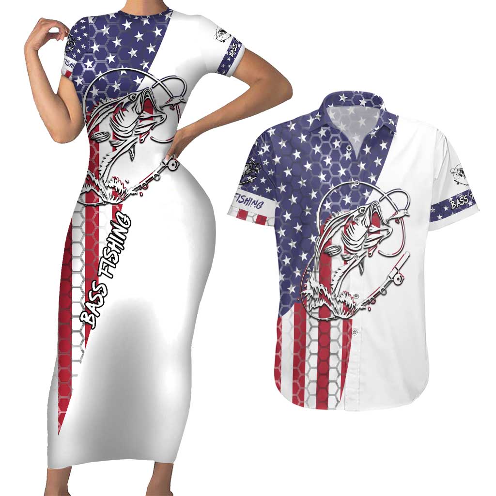 American Flag Bass Fishing Couples Matching Short Sleeve Bodycon Dress and Hawaiian Shirt Fishing Rod and Patriotic Red White and Blue Theme - Wonder Print Shop
