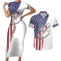 American Flag Bass Fishing Couples Matching Short Sleeve Bodycon Dress and Hawaiian Shirt Fishing Rod and Patriotic Red White and Blue Theme - Wonder Print Shop