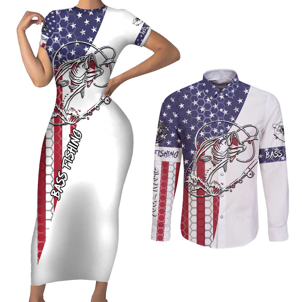 American Flag Bass Fishing Couples Matching Short Sleeve Bodycon Dress and Long Sleeve Button Shirt Fishing Rod and Patriotic Red White and Blue Theme - Wonder Print Shop