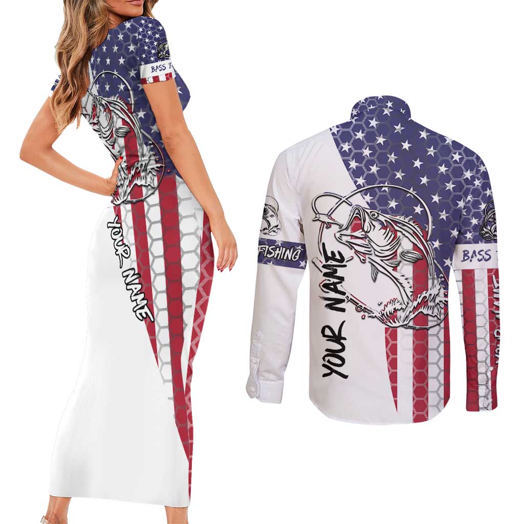 American Flag Bass Fishing Couples Matching Short Sleeve Bodycon Dress and Long Sleeve Button Shirt Fishing Rod and Patriotic Red White and Blue Theme - Wonder Print Shop