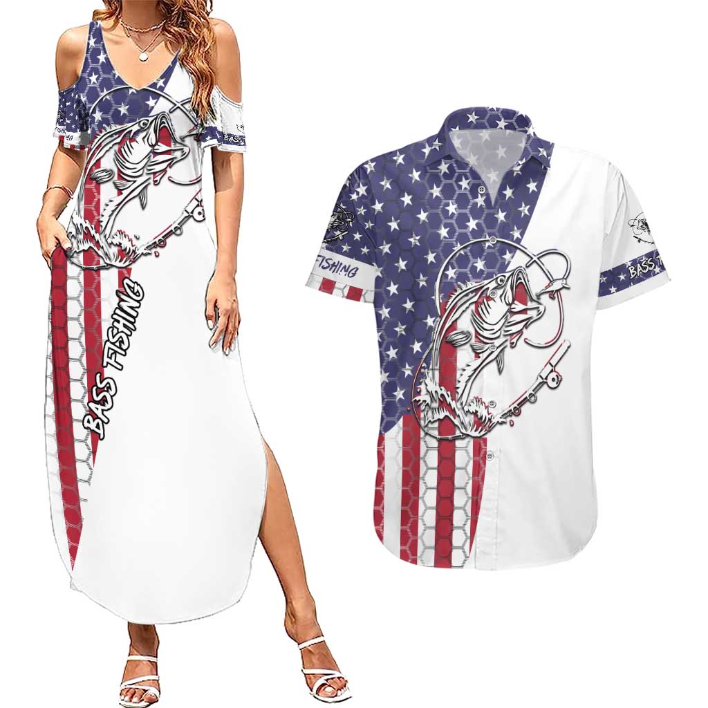 American Flag Bass Fishing Couples Matching Summer Maxi Dress and Hawaiian Shirt Fishing Rod and Patriotic Red White and Blue Theme - Wonder Print Shop