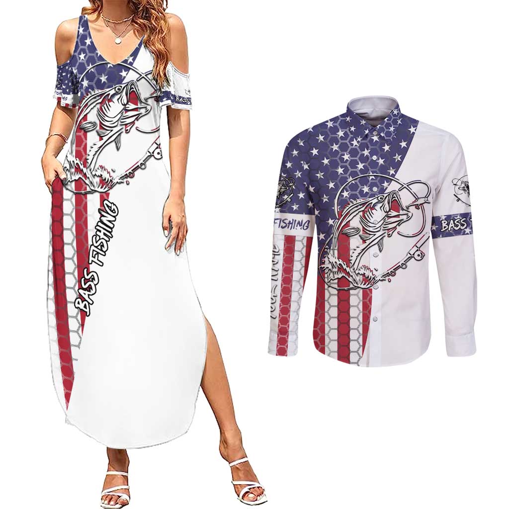 American Flag Bass Fishing Couples Matching Summer Maxi Dress and Long Sleeve Button Shirt Fishing Rod and Patriotic Red White and Blue Theme - Wonder Print Shop