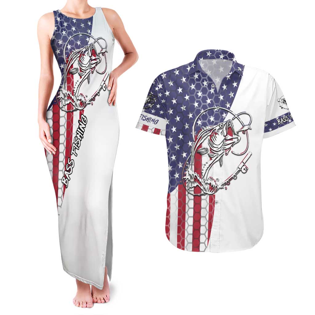 American Flag Bass Fishing Couples Matching Tank Maxi Dress and Hawaiian Shirt Fishing Rod and Patriotic Red White and Blue Theme - Wonder Print Shop