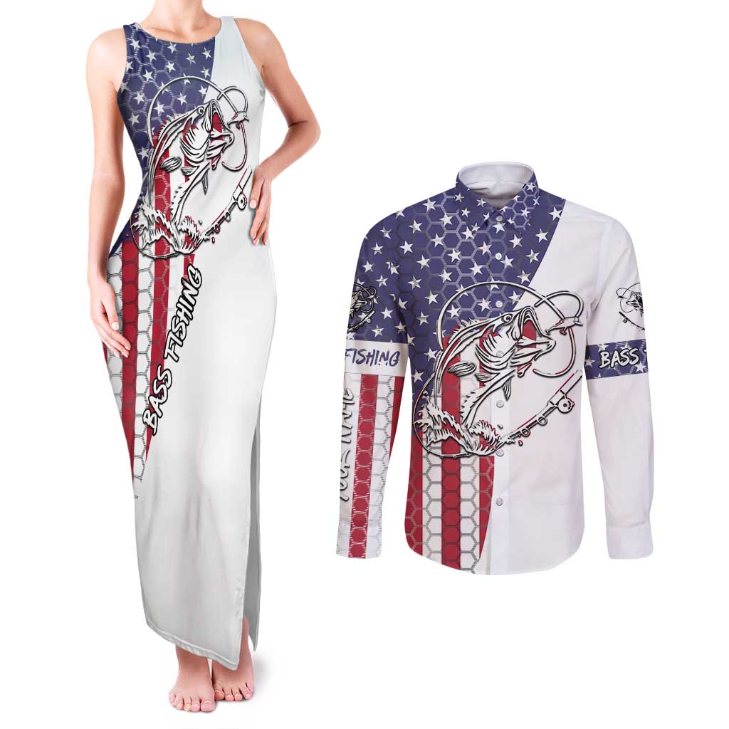 American Flag Bass Fishing Couples Matching Tank Maxi Dress and Long Sleeve Button Shirt Fishing Rod and Patriotic Red White and Blue Theme - Wonder Print Shop