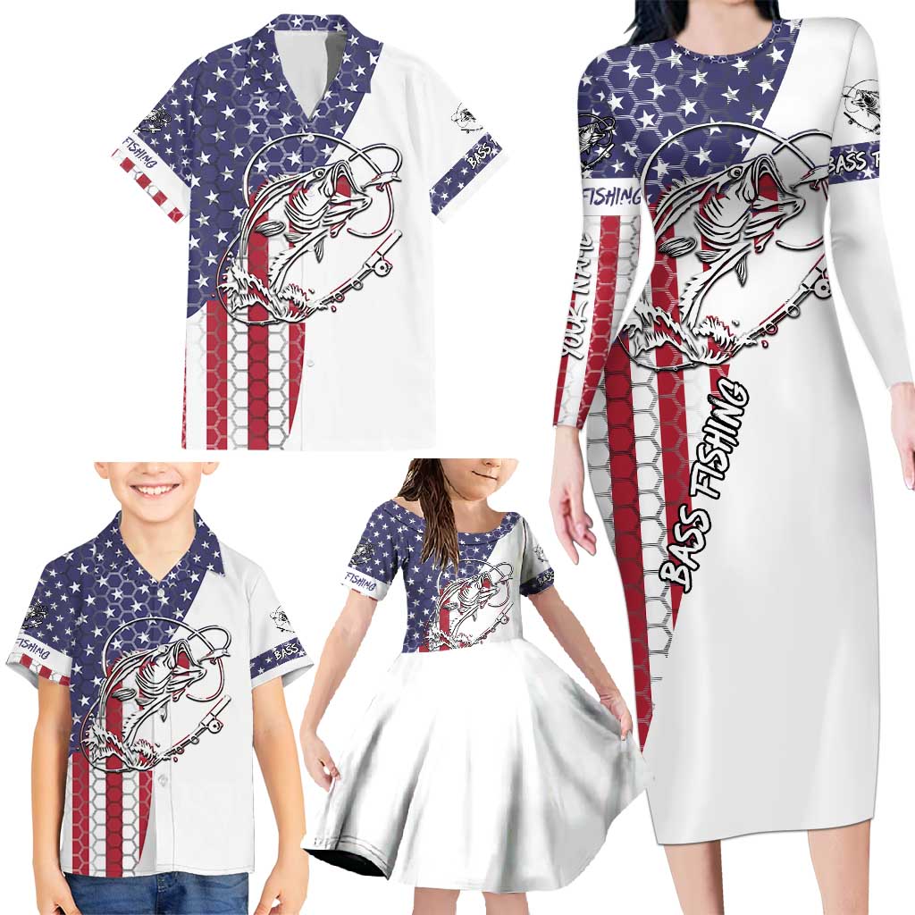 American Flag Bass Fishing Family Matching Long Sleeve Bodycon Dress and Hawaiian Shirt Fishing Rod and Patriotic Red White and Blue Theme - Wonder Print Shop