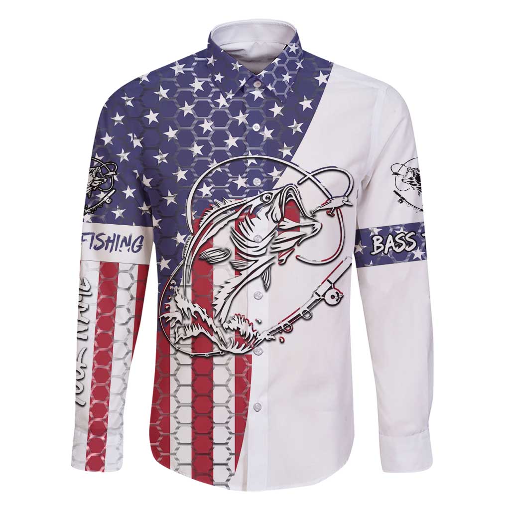 American Flag Bass Fishing Family Matching Long Sleeve Bodycon Dress and Hawaiian Shirt Fishing Rod and Patriotic Red White and Blue Theme - Wonder Print Shop