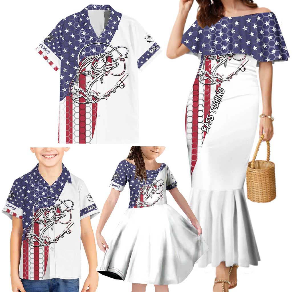 American Flag Bass Fishing Family Matching Mermaid Dress and Hawaiian Shirt Fishing Rod and Patriotic Red White and Blue Theme - Wonder Print Shop