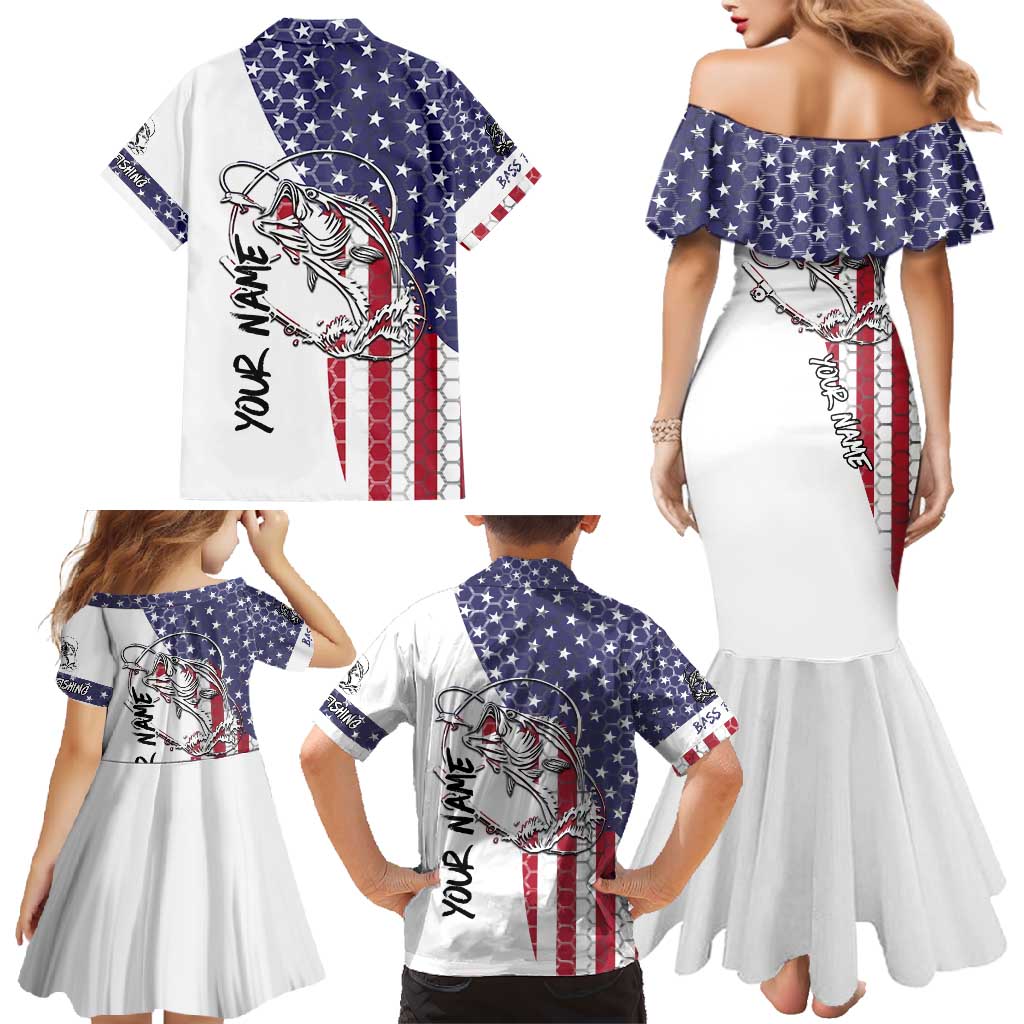 American Flag Bass Fishing Family Matching Mermaid Dress and Hawaiian Shirt Fishing Rod and Patriotic Red White and Blue Theme - Wonder Print Shop