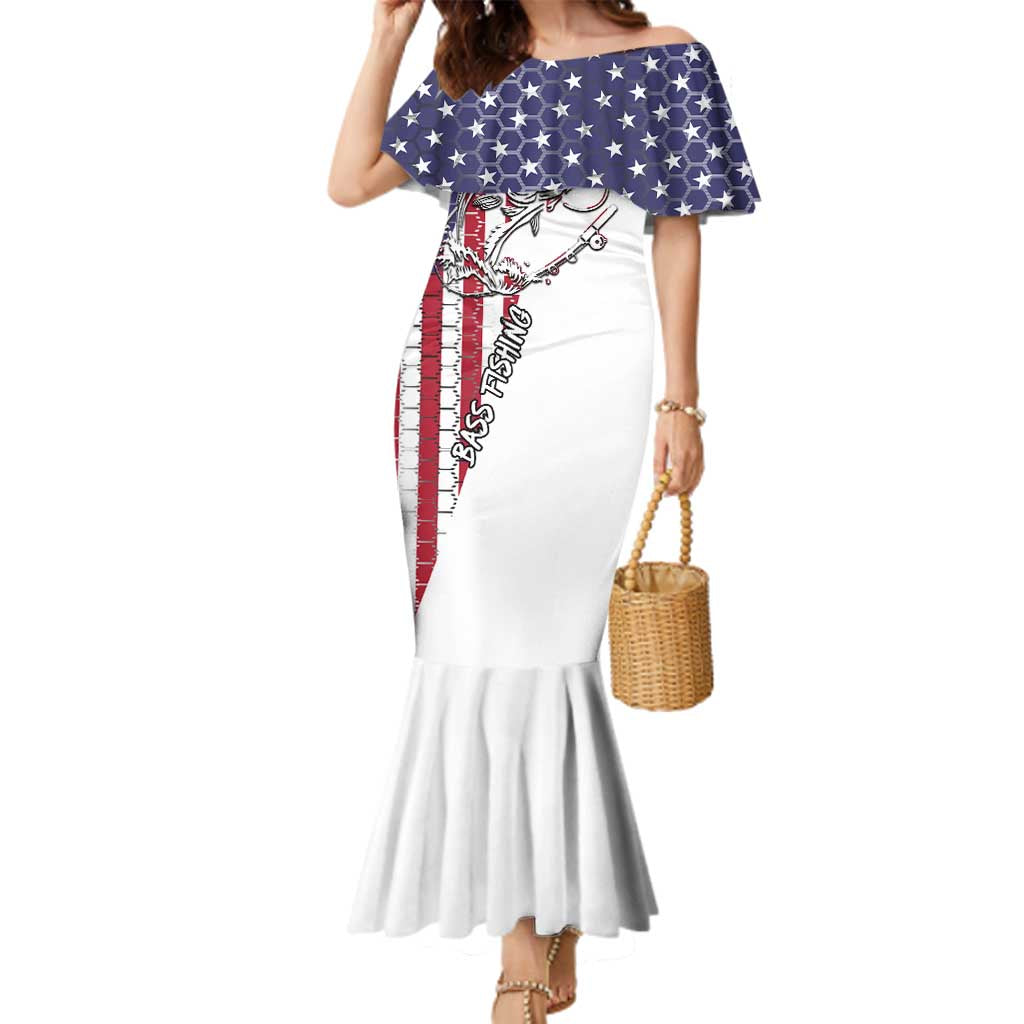 American Flag Bass Fishing Family Matching Mermaid Dress and Hawaiian Shirt Fishing Rod and Patriotic Red White and Blue Theme - Wonder Print Shop