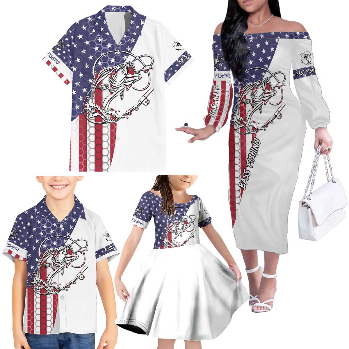 American Flag Bass Fishing Family Matching Off The Shoulder Long Sleeve Dress and Hawaiian Shirt Fishing Rod and Patriotic Red White and Blue Theme - Wonder Print Shop