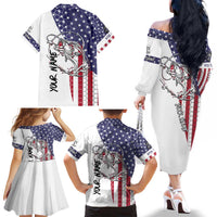 American Flag Bass Fishing Family Matching Off The Shoulder Long Sleeve Dress and Hawaiian Shirt Fishing Rod and Patriotic Red White and Blue Theme - Wonder Print Shop
