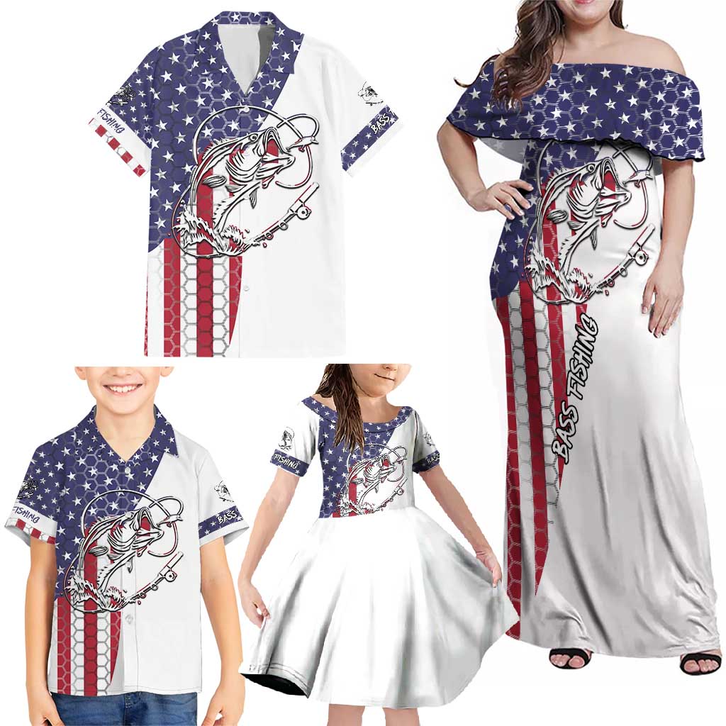 American Flag Bass Fishing Family Matching Off Shoulder Maxi Dress and Hawaiian Shirt Fishing Rod and Patriotic Red White and Blue Theme - Wonder Print Shop