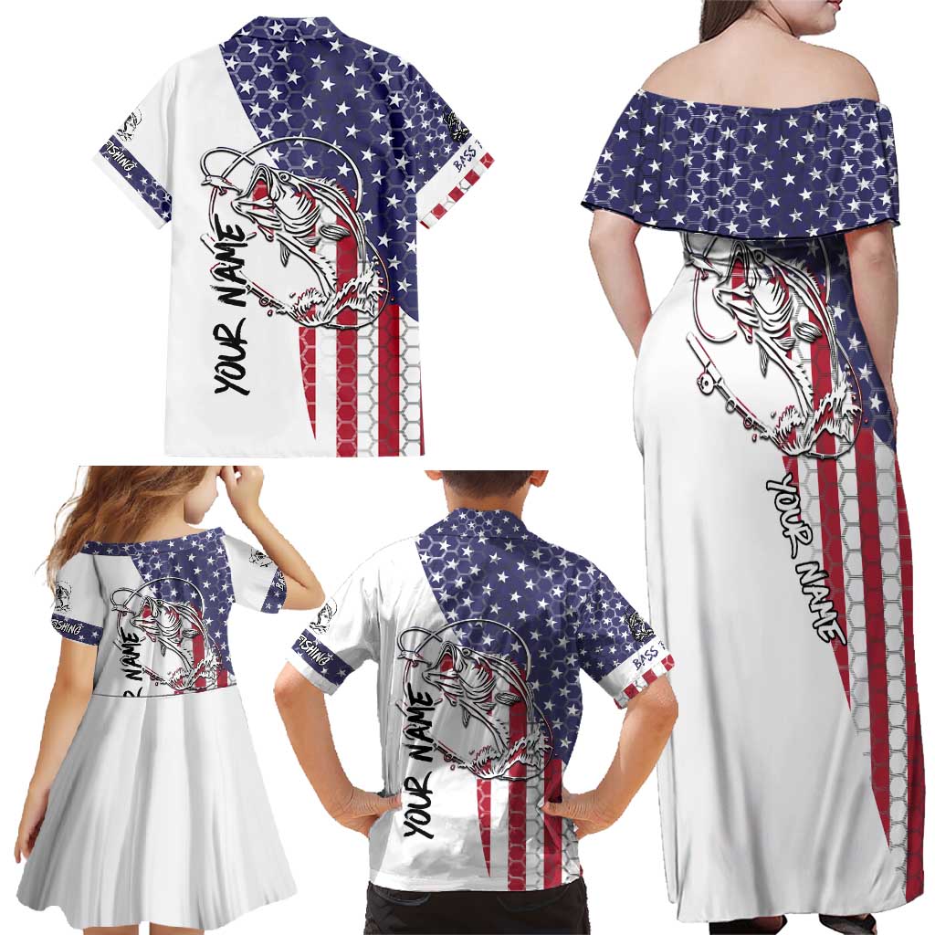 American Flag Bass Fishing Family Matching Off Shoulder Maxi Dress and Hawaiian Shirt Fishing Rod and Patriotic Red White and Blue Theme - Wonder Print Shop