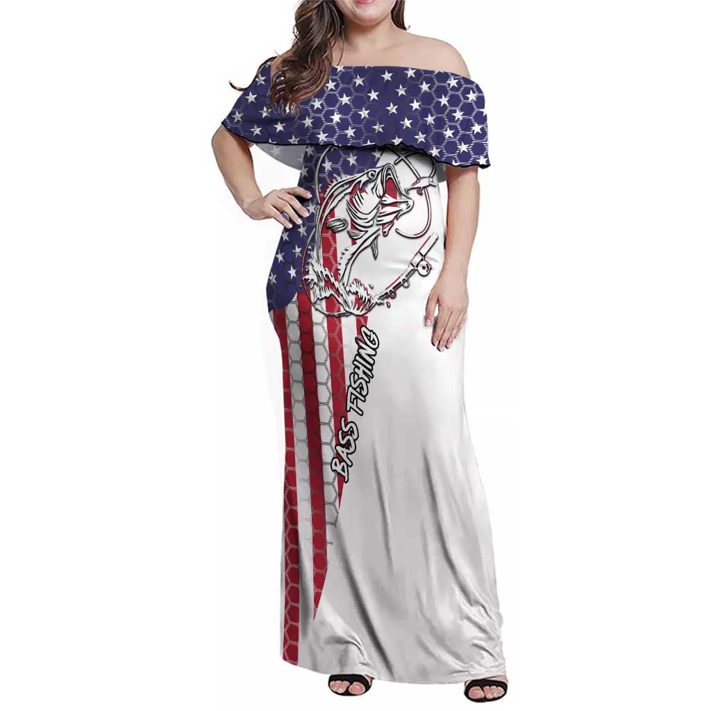 American Flag Bass Fishing Family Matching Off Shoulder Maxi Dress and Hawaiian Shirt Fishing Rod and Patriotic Red White and Blue Theme - Wonder Print Shop
