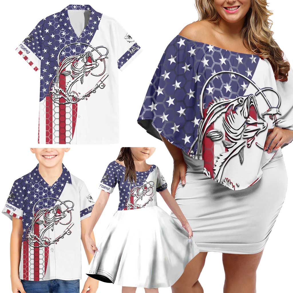 American Flag Bass Fishing Family Matching Off Shoulder Short Dress and Hawaiian Shirt Fishing Rod and Patriotic Red White and Blue Theme - Wonder Print Shop