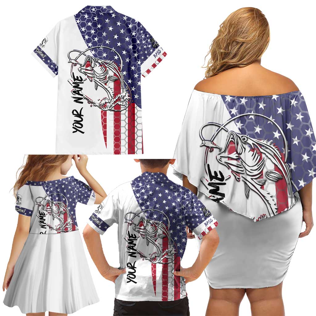 American Flag Bass Fishing Family Matching Off Shoulder Short Dress and Hawaiian Shirt Fishing Rod and Patriotic Red White and Blue Theme - Wonder Print Shop